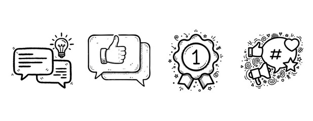 Social media icons with speech bubbles, thumbs up, award ribbon, and engagement symbols