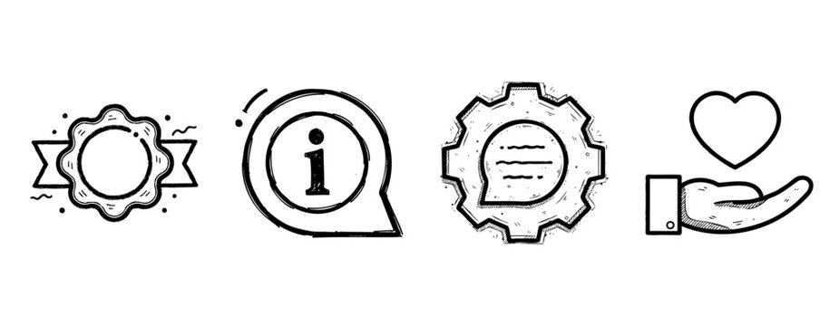 Hand-drawn icons: award badge, information bubble, gear with chat, hand holding heart
