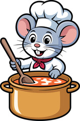 Cartoon mouse chef stirring soup in pot culinary character mascot cooking delicious meal illustration
