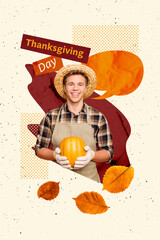 Sketch image art poster trend collage of happy farmer man hold pumpkin agriculture harvest autumn...