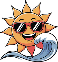 Cartoon sun wearing sunglasses surfing on a single large ocean wave over transparent background