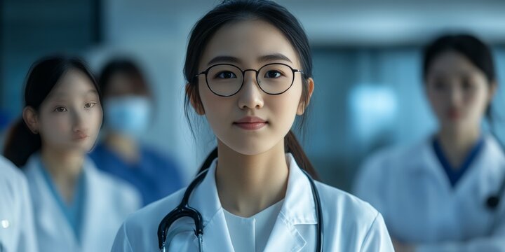 A woman wearing a white lab coat