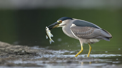 Fototapeta premium Night Heron Catching Fish in Shallow Water: A Wildlife Portrait of Nature's Hunter in Action, Featuring Detailed Plumage and Natural Habitat