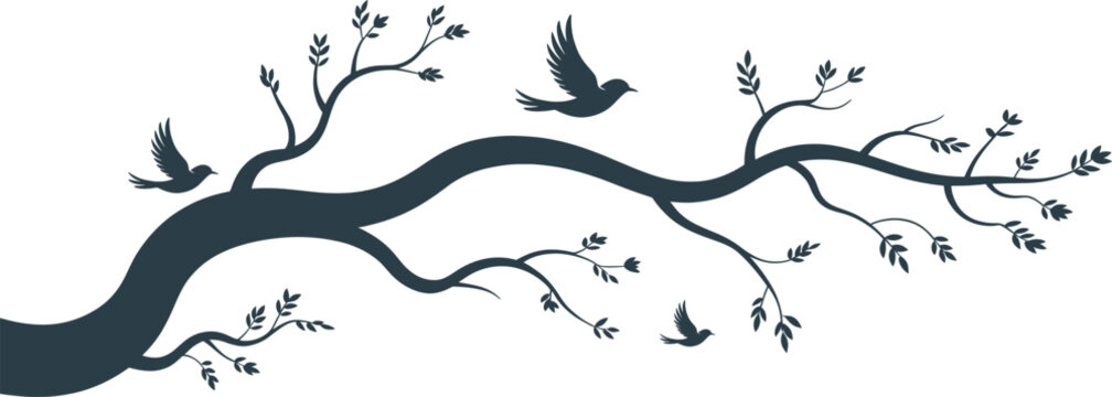Elegant silhouette of a tree branch with flying birds, perfect for wall decals, invitations, logos, and nature-themed vector art projects.