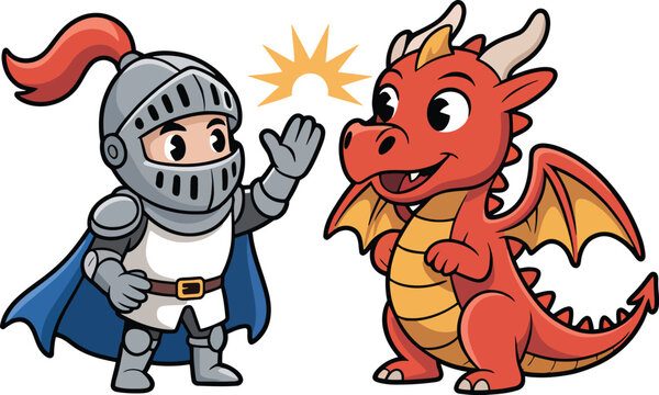 Cute cartoon knight and red baby dragon characters high five gesture transparent background