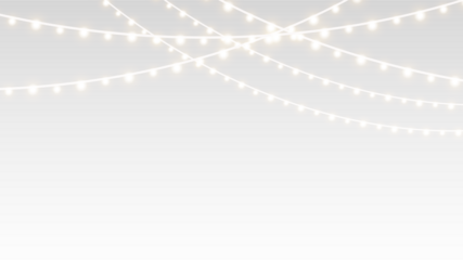 Garland hanging across festive Christmas card with glowing lights and holiday decorations.
