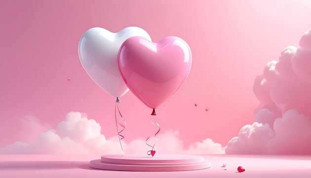 Two heart-shaped balloons float above a pink platform with a fluffy cloud background. Rose petals gently drift - Powered by Adobe