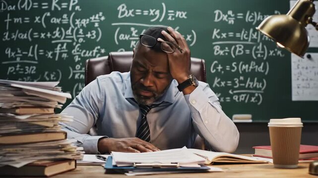 Overworked Professor at Desk - An African American professor sits at his desk looking stressed with a large pile of papers, books, and a cup of coffee nearby.