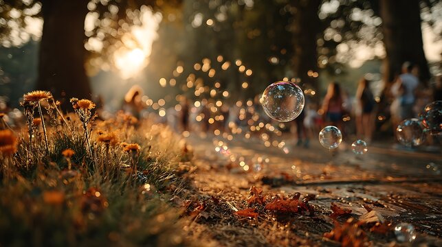 Magical golden hour park scene with shimmering bubbles floating gently amidst blurred joyful people enjoying leisure time outdoors