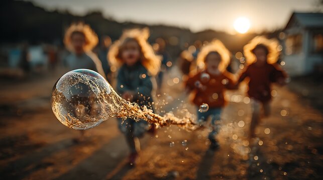 Joyful children chase shimmering bubbles in golden hour sunlight, capturing carefree moments of outdoor play and summer fun.