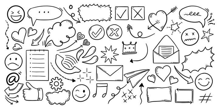 Hand drawn doodle elements set. Black and white arrows, speech bubbles, thunderbolt, crown, heart, digital cloud, and emoji doodles, tech emoji, star vector illustration