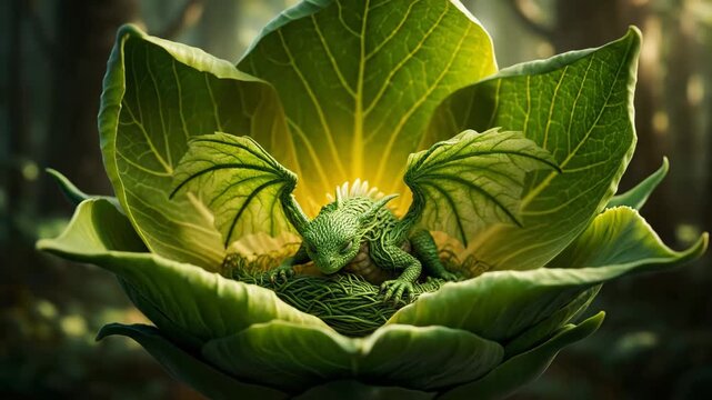 Green artichoke bud forming geometric patterns with its leaves, standing upright in a soft focus deep forest environment with warm light creating a magical and surreal fantasy scene