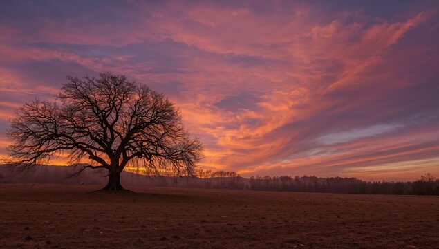 Crimson Sky, Open Field. A Silhouette Tree Against Swirling, Colorful Clouds.