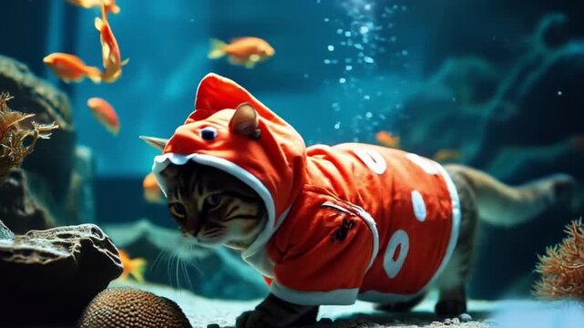 cat in a wetsuit with Funny yellow, orange tropical fish swimming in blue aquarium water