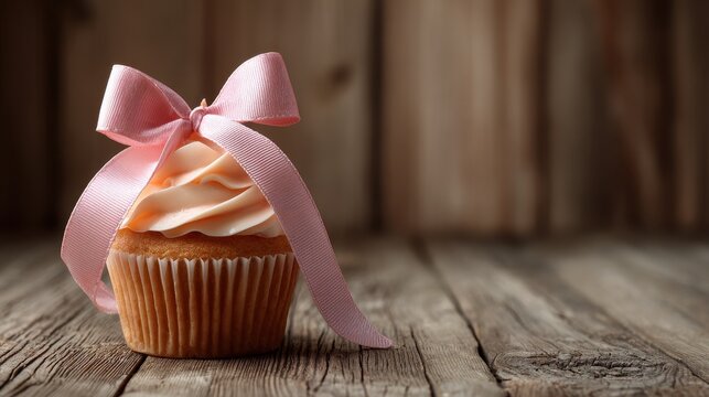Baked treat and ribbon on wood surface