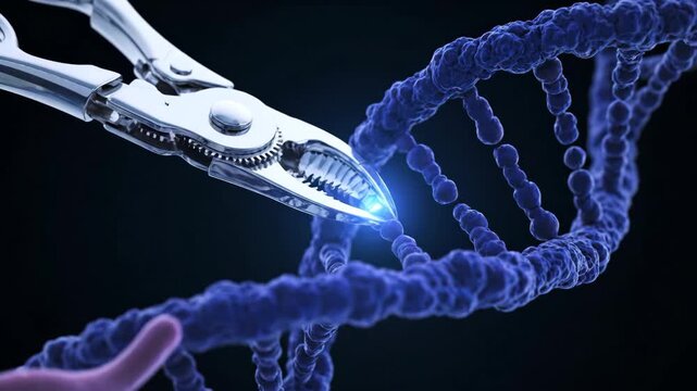 Robotic arm precisely manipulating a dna double helix, illustrating concepts of genetic engineering, gene editing technology, and biotechnology research impacting health and science