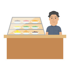 Vector illustration of a man (shopkeeper) behind a Warteg (Indonesian style eatery) counter