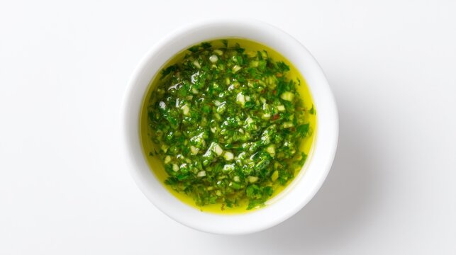A white bowl holds vibrant green pesto, highlighting a mix of fresh basil, garlic, and olive oil. This flavorful sauce offers a fresh taste ideal for pasta, sandwiches, and more