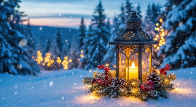 Christmas lantern with glowing candle surrounded by pine branches, berries, and cones on snowy background. Cozy winter scene symbolizing warmth and holiday spirit - Powered by Adobe