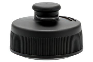 Black plastic push-pull cap for a reusable water bottle on a transparent background
