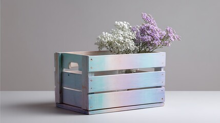 patterned wooden crate with gradient colors, pastel colors, gloss finish with fresh flowers.