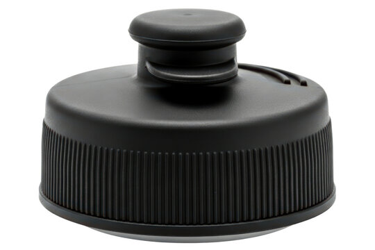 Black plastic push-pull cap for a reusable water bottle on a transparent background
