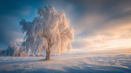 Golden sunrise on a frosted birch in a snowy field 