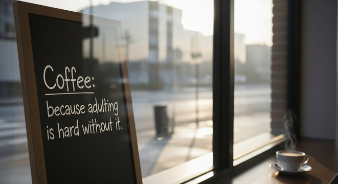 Cafe window with handwritten coffee sign and steaming cup of coffee  