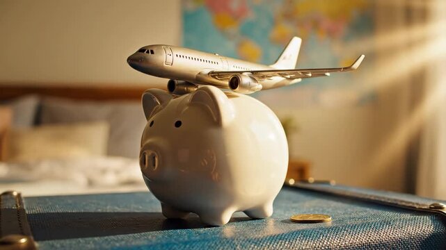 Saving for Travel Concept - A white piggy bank sits on a blue suitcase with a toy airplane on top, symbolizing saving money for future travel adventures.