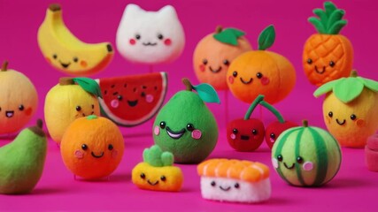 Adorable kawaii fruit and food toys with smiling faces, cheerful stuffed plush toys on vibrant pink background, cute fruit character collection, playful childhood decoration, delightful toy display