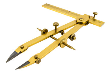 Vintage brass proportional divider for drafting and measurement on a transparent background