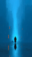A solitary figure walks down a rain-soaked street, surrounded by towering, mist-shrouded buildings glowing in ambient blue light.