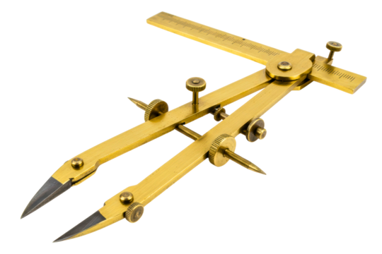 Vintage brass proportional divider for drafting and measurement on a transparent background