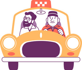Taxi driver and passenger in yellow cab, flat vector illustration.