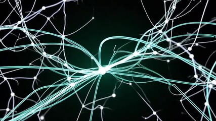 3D illustration of a neural network with glowing electrical impulses. Neural branches pulse rapidly on a black background, representing brain activity in a simple, dynamic design.