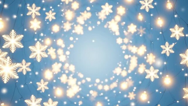 3D computer-generated illustration of a Christmas bokeh lights background with a seamless snowing loop, created with AI-generated art.