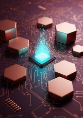 Futuristic microchip core processor with data stream and honeycomb shapes