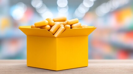 In a pharmacy, a vibrant yellow box is filled with capsules, positioned on a wooden surface. The colorful drug store shelves create an inviting atmosphere focused on health and wellness