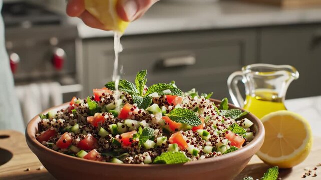Lemon Juice Squeezed onto Fresh Quinoa Salad - A close-up shot shows a person squeezing fresh lemon juice over a vibrant quinoa salad.