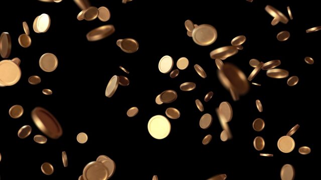 3D-rendered scene of multiple golden coins freely falling and spinning in a dispersed, weightless arrangement. Rich lighting emphasizes metallic surfaces, creating a dynamic financial or