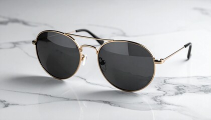 Sleek gold aviator sunglasses with dark lenses on a luxurious marble surface, perfect for stylish sun protection and a fashionable look, representing a blend of modern elegance and practicality