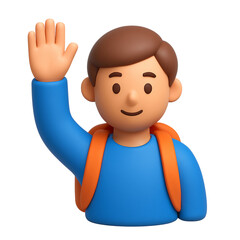 3d icon of boy with backpack waving hand, 3d rendering
