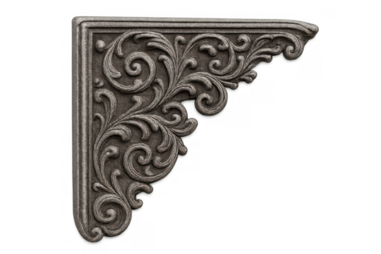 Ornate scrollwork corner bracket showcasing intricate carved filigree details, antique architectural embellishment on transparent background - Powered by Adobe