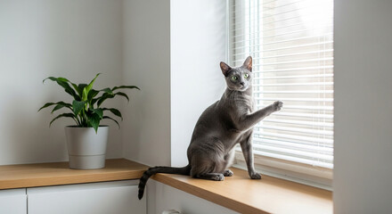 Cat pawing window blinds while sitting on windowsill in modern home  