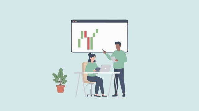 Financial Consultant Explaining Candlestick Chart to Client in Office