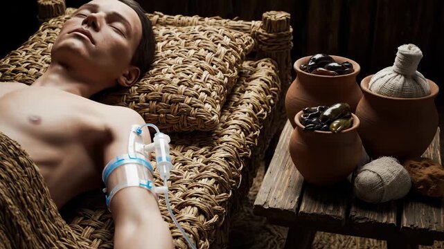 Man lies on a woven bed with an iv drip while clay pots of leeches and herbs sit nearby, contrasting modern medical care with ancient healing practices and tradition
