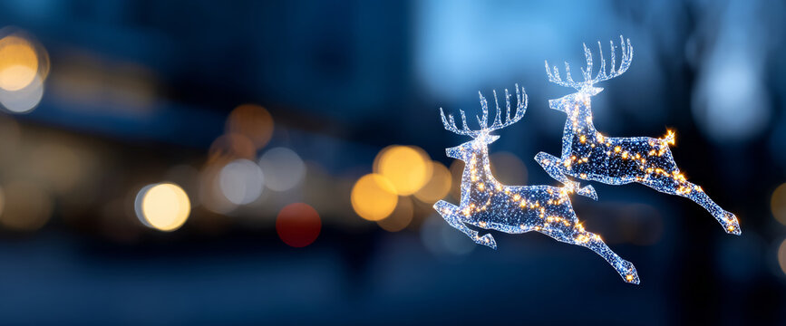 Two illuminated reindeer Christmas decorations glowing with warm white lights against a blurred dark blue and yellow bokeh background at night