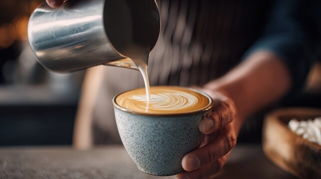Barista adds milk to a coffee cup focusing on the hand technique for latte art in a café