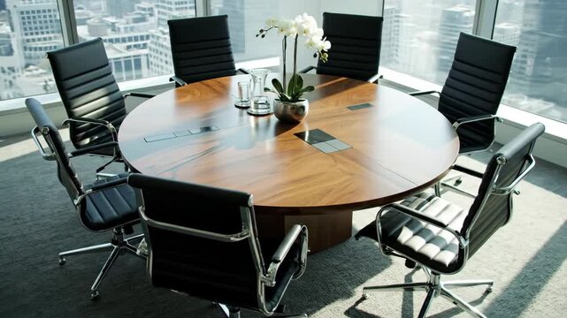 Modern Conference Room with City View - A high-angle shot showcases a modern conference room with a round wooden table surrounded by black leather chairs.