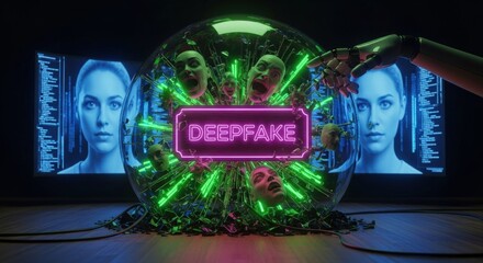 Deepfake Concept Art: Glowing Fractured Identity Inside Glass Orb with Robotic Arm and Distorted Facial Data